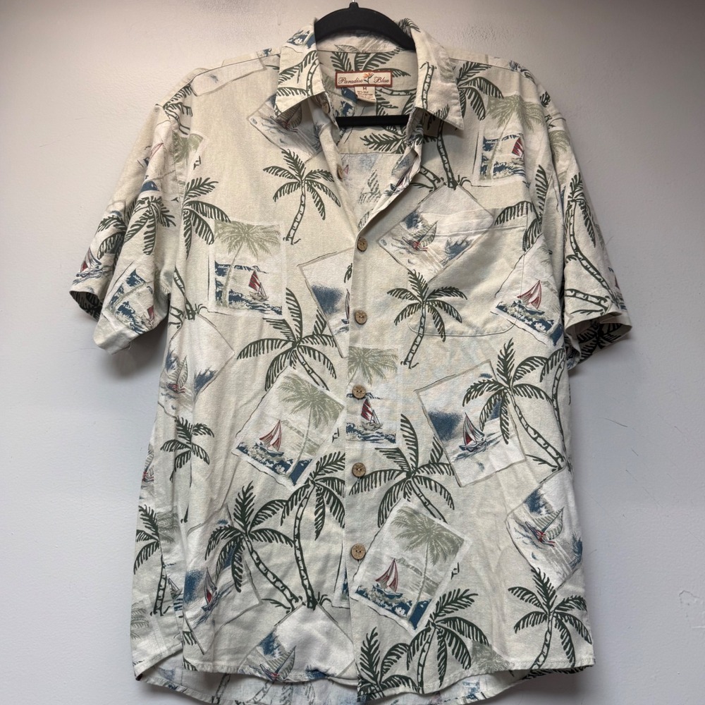 Paradise Blue Button Down Shirt‎ Mens Medium Cream Silk Blend Excellent Tropical